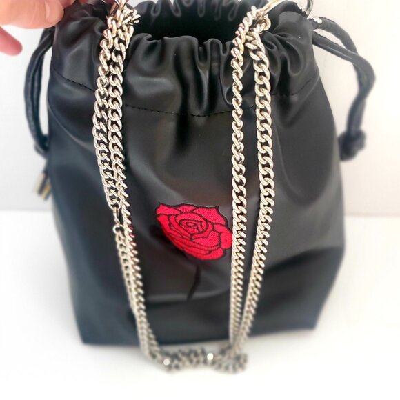 NEWER Faux Leather Black Bucket Crossbody Bag Silver Chain Embroidered Rose - Picture 9 of 13
